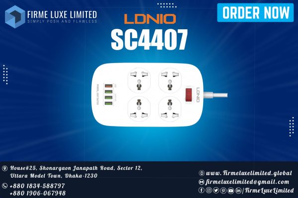 LDNIO SC4407 Power Socket 4 USB Charger with Power Extension Cord